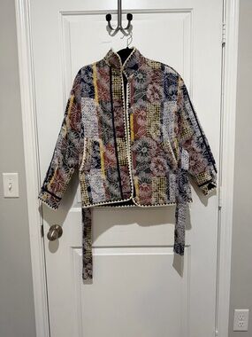 7 For All Mankind Floral Patchwork Bomber Jacket in Navy, Rust & Mustard